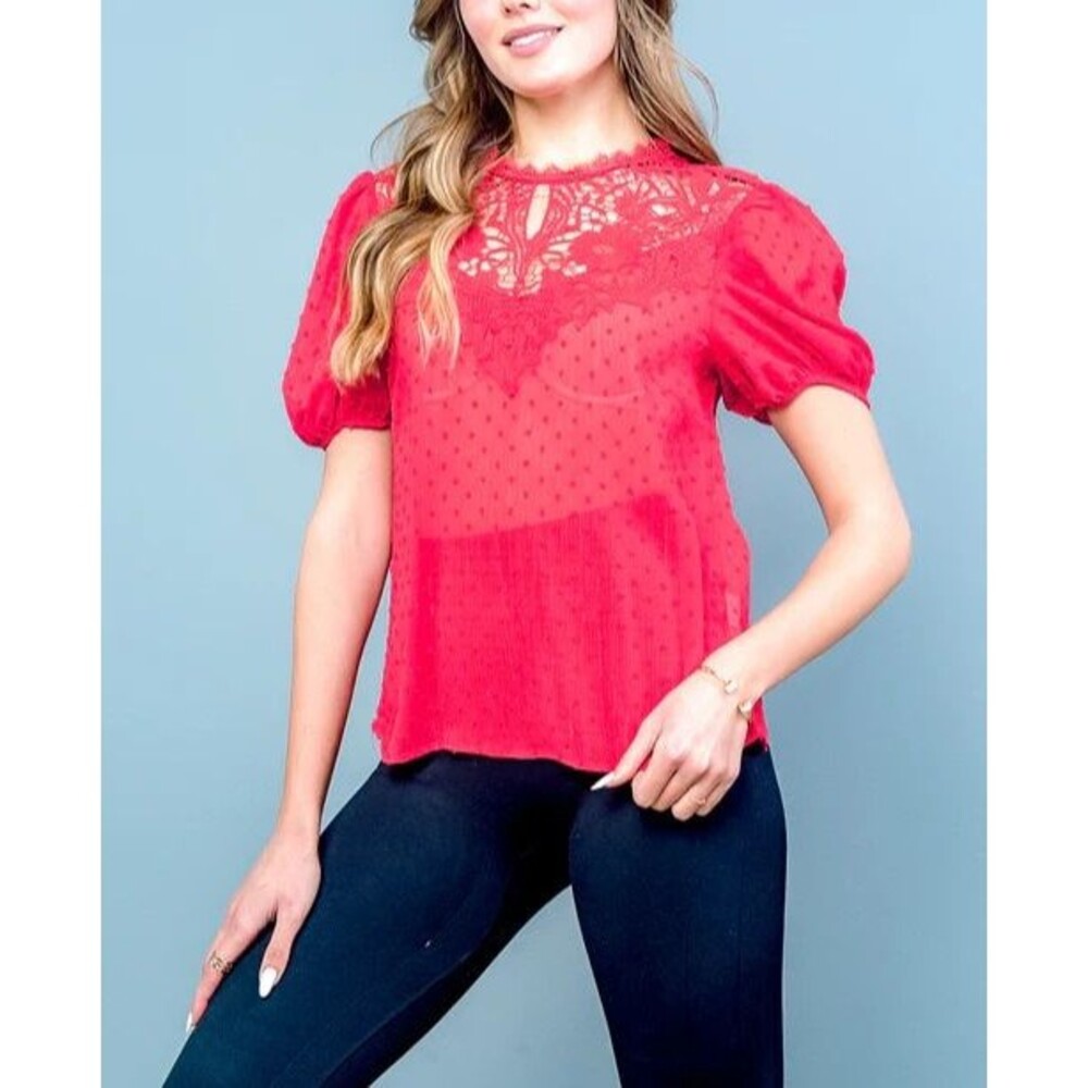 Women’s Sheer Red Lace Short Sleeve Blouse Size M - Picture 5 of 12